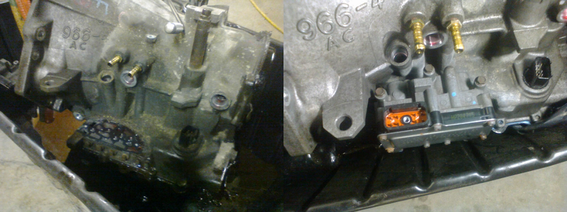 LEFT: disassembly pic (I forgot to take a clean version of this image) of the case with solenoid pack removed. RIGHT: solenoid pack cleaned up and installed with a fresh gasket.
